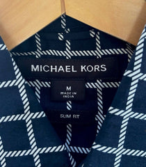 Michael Kors Slim Fit Midnight White Square Geo Pattern Stretch Button Up Shirt (Medium)