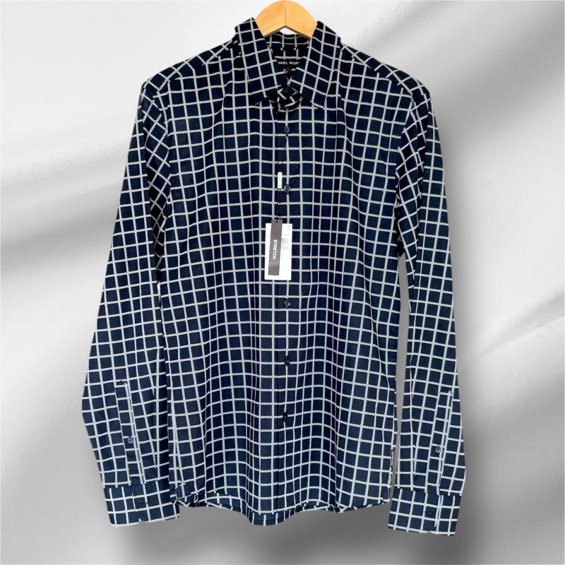 Michael Kors Slim Fit Midnight White Square Geo Pattern Stretch Button Up Shirt (Medium)