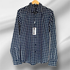 Michael Kors Slim Fit Midnight White Square Geo Pattern Stretch Button Up Shirt (Medium)