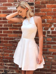 Short A-line Halter Satin Open Back Prom Homecoming Dresses-BIZTUNNEL