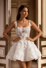 Short Floral Appliqué Wedding Dress with Corset Bodice and Straps – Bridal White Mini Dress Plus Size - WonderlandByLilian