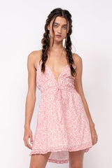 Pink floral open back halter mini dress with plunging neckline