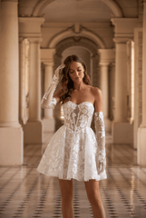 Short Floral Lace Wedding Dress with Corset Bodice and Convertible Sleeves – Strapless Wedding Dress Plus Size - WonderlandByLilian