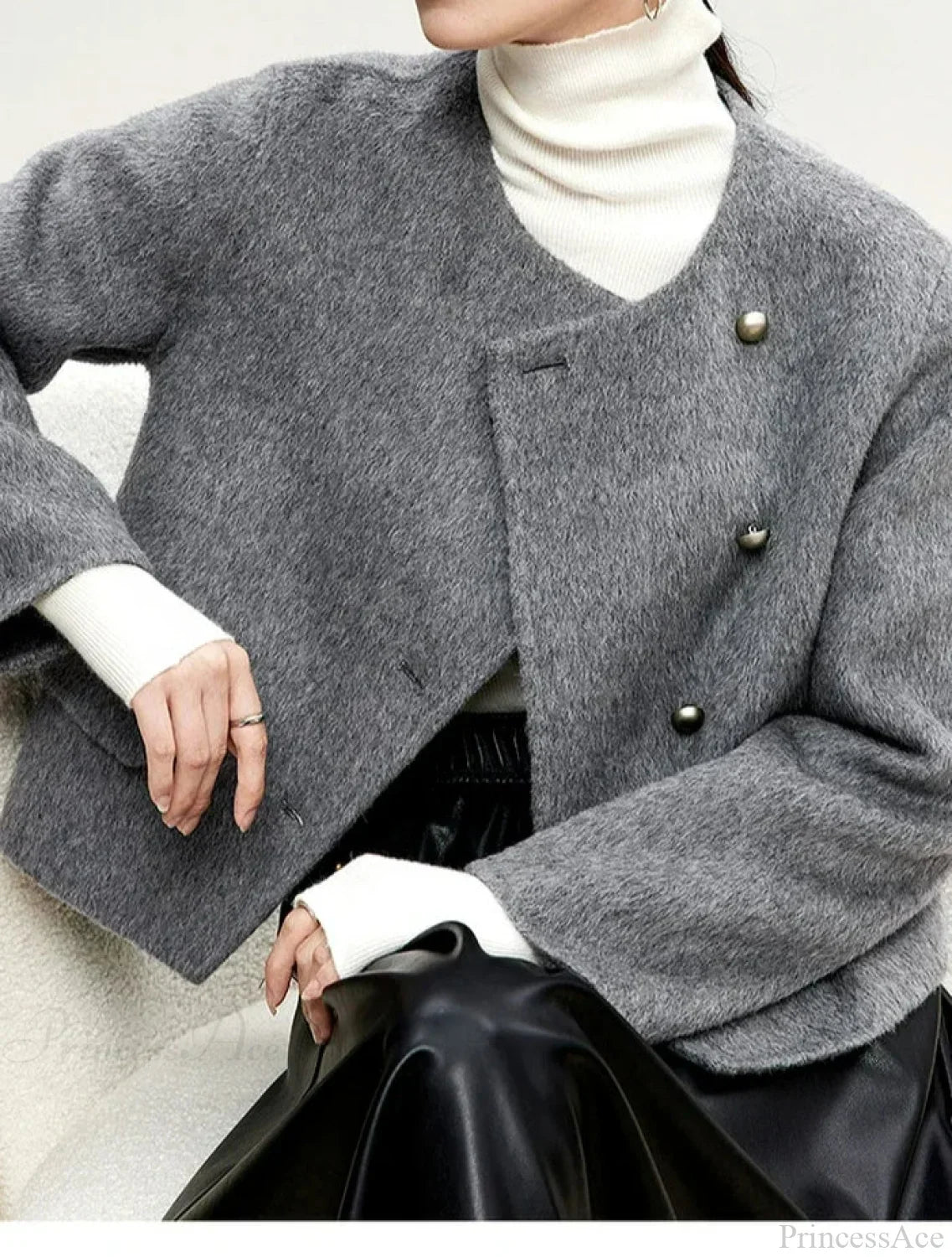 Short Wool Crew Neck Single-Breasted Overcoat Grey / S