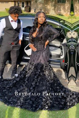 Plus Size Black Long Sleeve Sequin 3D Rose Prom Dress