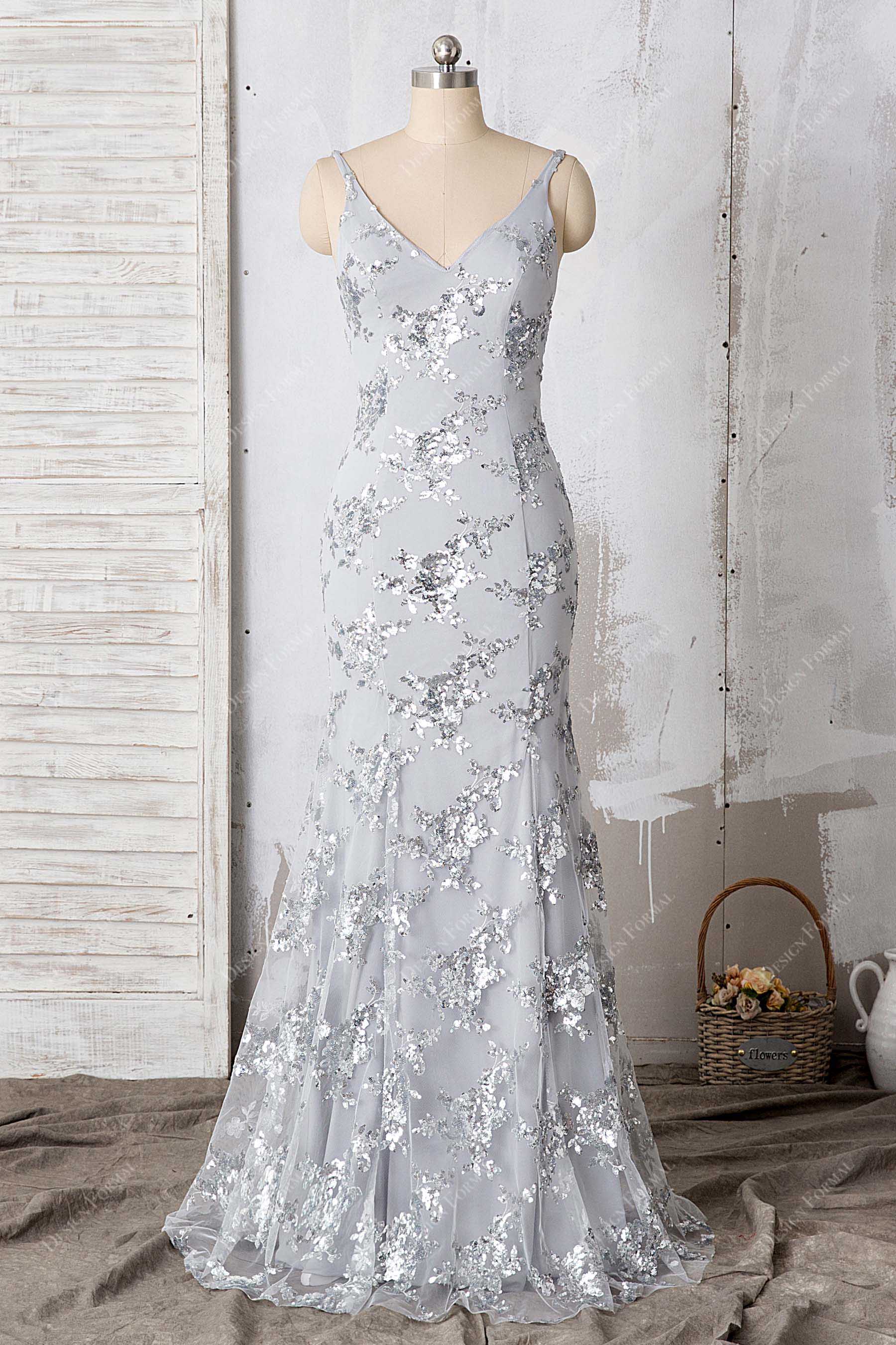 silver sequin V-neck mermaid prom dress