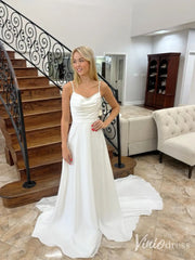 Simple A-Line Wedding Dress with Pearl Embellished Neckline and Spaghetti Straps – VW2616-wedding dresses 2025 -Viniodress-Ivory-Custom Size-