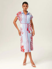 Loose Color-Block Coral Print Shirt Maxi Dress