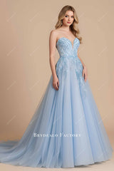 sky blue 3D flower lace prom dress