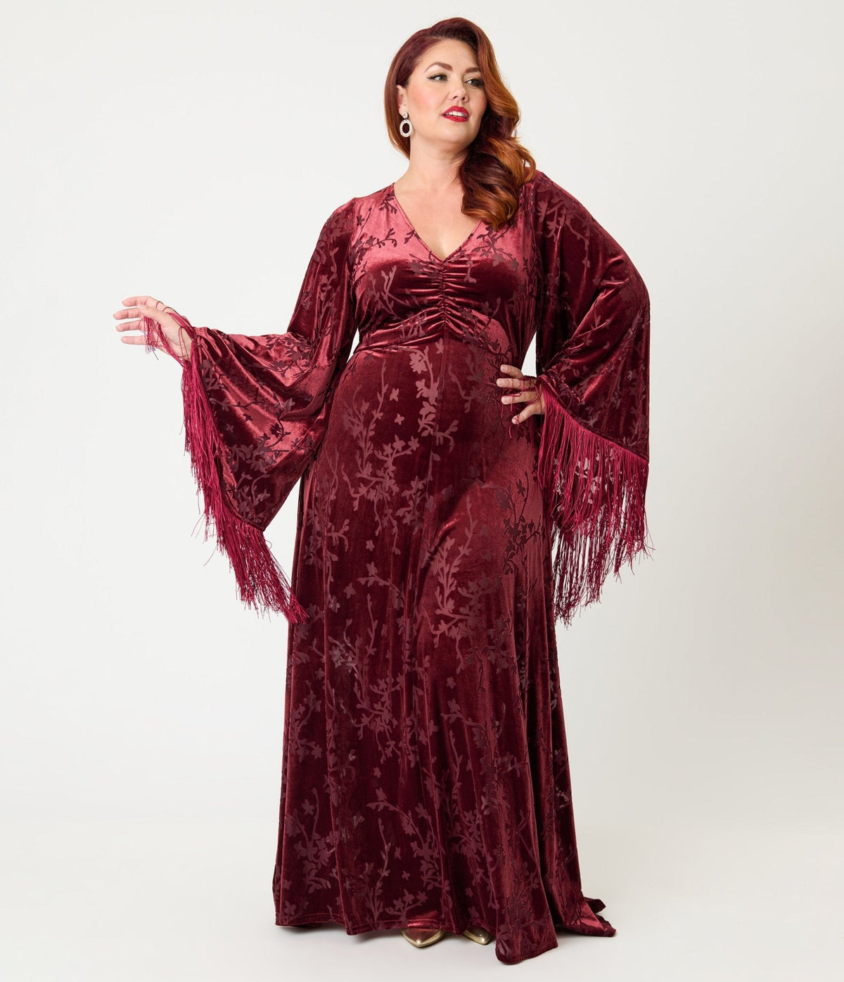 Smak Parlour Plus Size Raspberry Velvet Burnout Fringe Sleeve Stevie Maxi Dress - Unique Vintage - Womens, DRESSES, MAXI