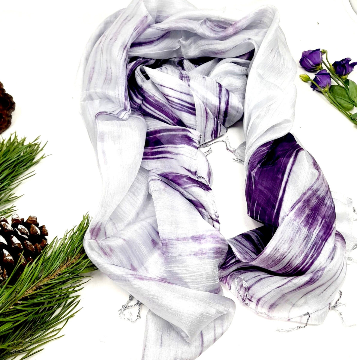 100%  Silk Scarf Purple & Grey