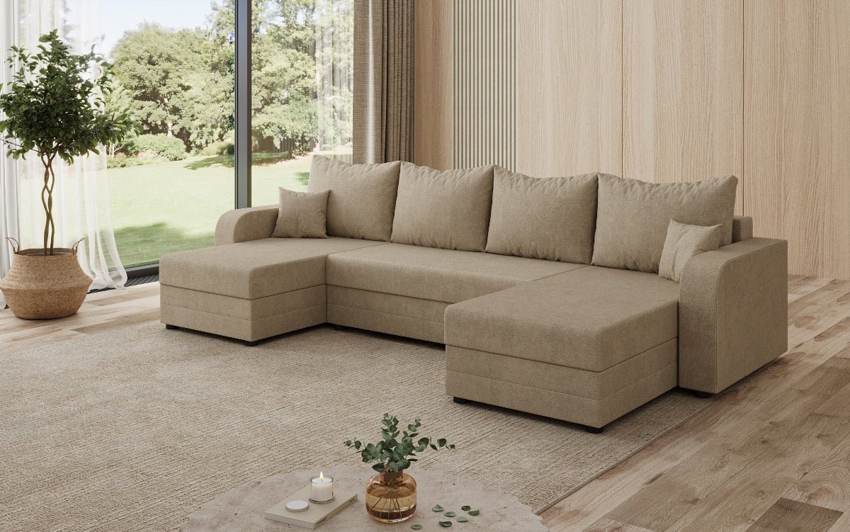 Designer Sofa Valenza U mit Schlaf- und Klappfunktion in Stoff