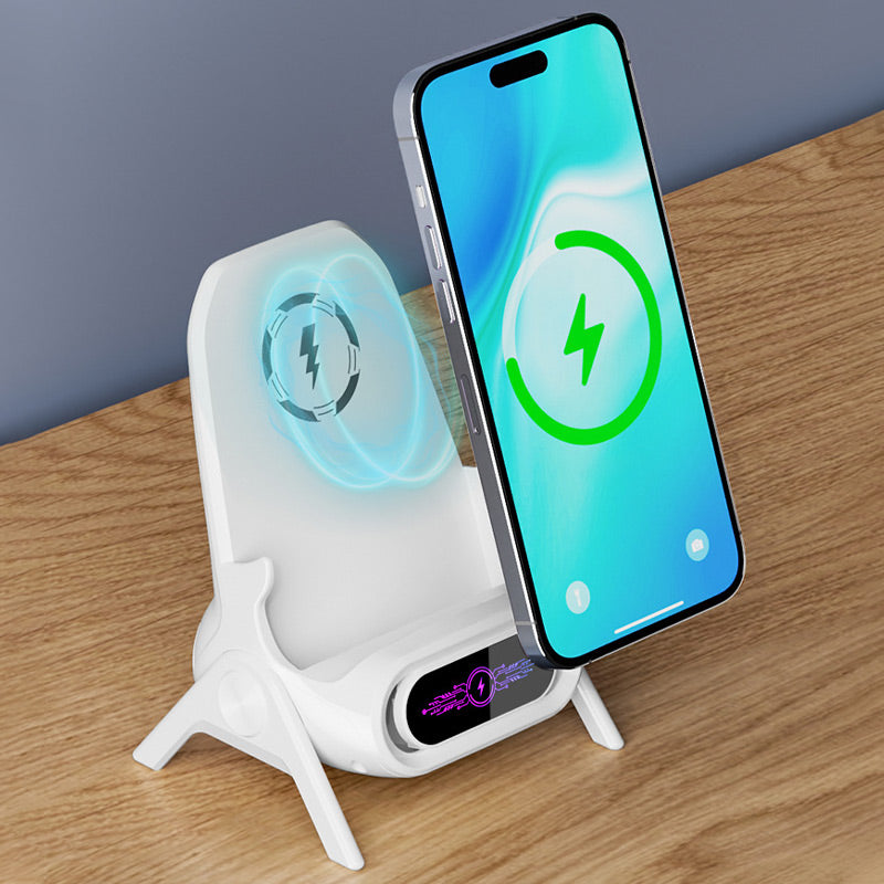 ⚡✨ Support de Téléphone 3-en-1 avec Chargeur Sans Fil - Compatible MagSafe, Écran LCD et Nettoyage des Cables pour un Bureau Organisé 📱🔋