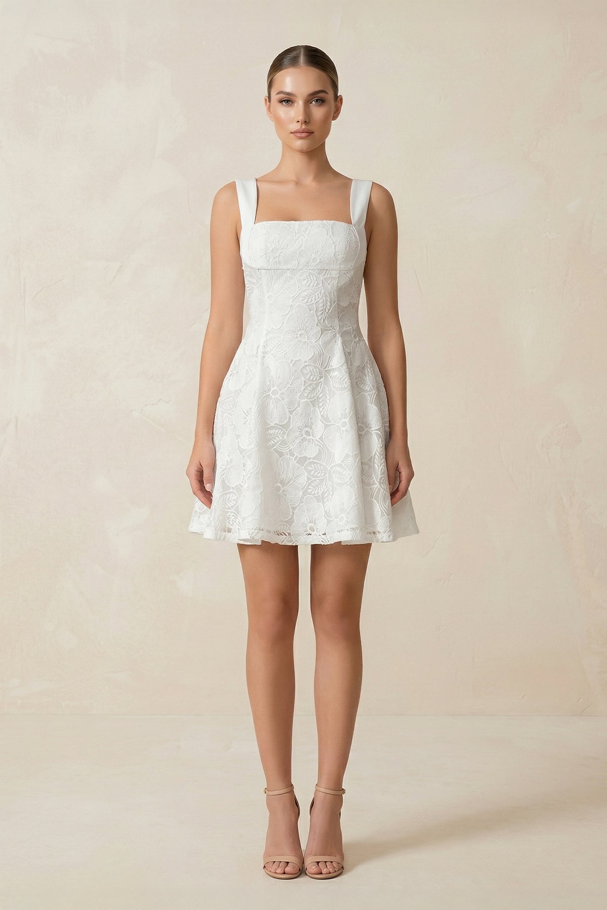 Square Neck A - Line Lace Mini Wedding Dress in White - KissProm Wedding Dresses