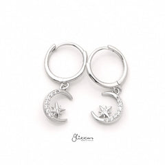 Sterling Silver Huggie Hoop Earrings with Dangle C.Z Moon and Star - Silver-Cubic Zirconia, earrings, Hoop Earrings, Jewellery, Women's Earrings, Women's Jewellery-sse0400-s-1_800-Glitters