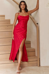 Hey Girl Long Satin Cowl Neck Dress Red by Selfie Leslie