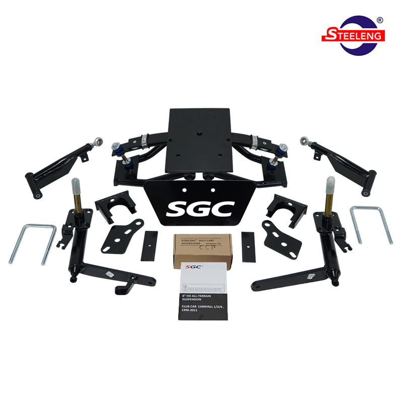 Club Car Carryall and Villager 2/2+/4/6 6-inch A-arm golf cart lift kit designed to accommodate front drum brakes, made by SGC Steeleng, and sold by Salt City Golf Cart in Hutchinson, Kansas with free shipping.