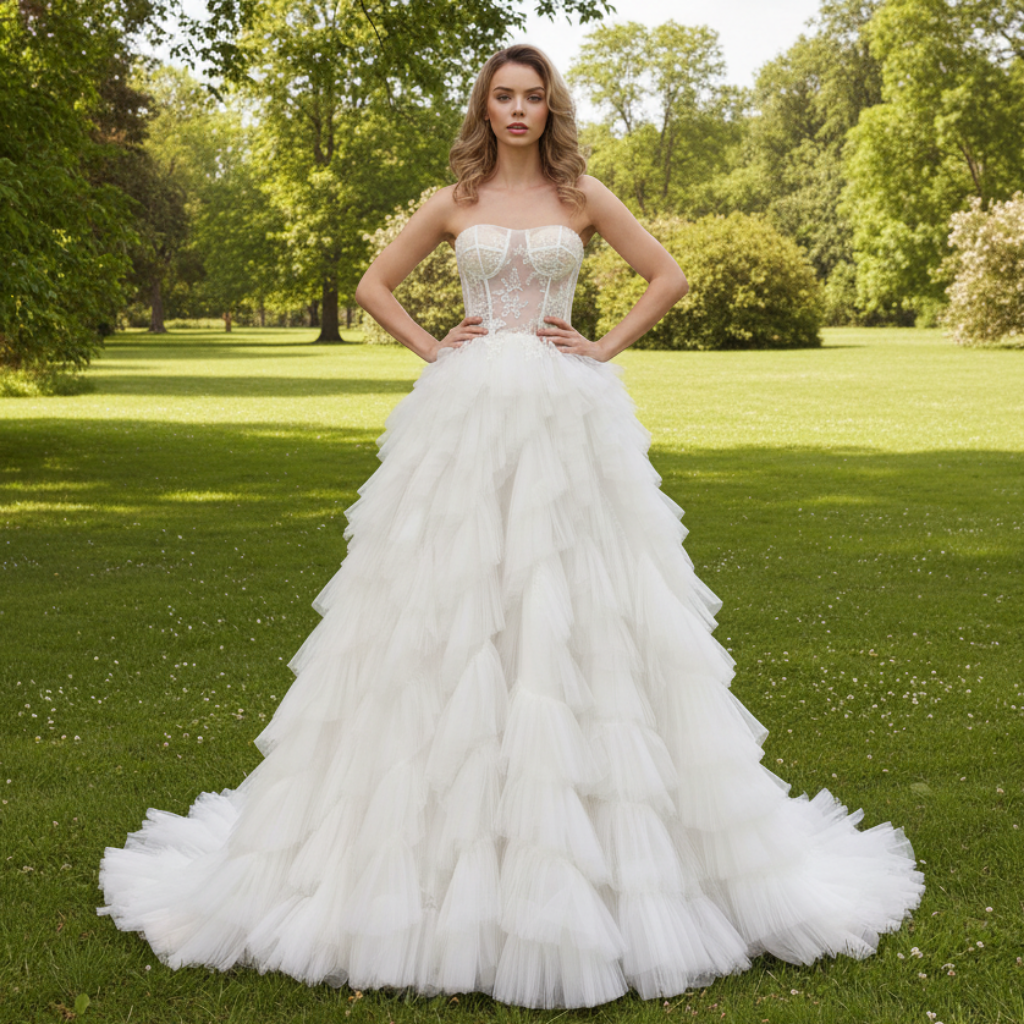 Sheer Bodice Curve Ballgown Ruched Tulle Wedding Dress