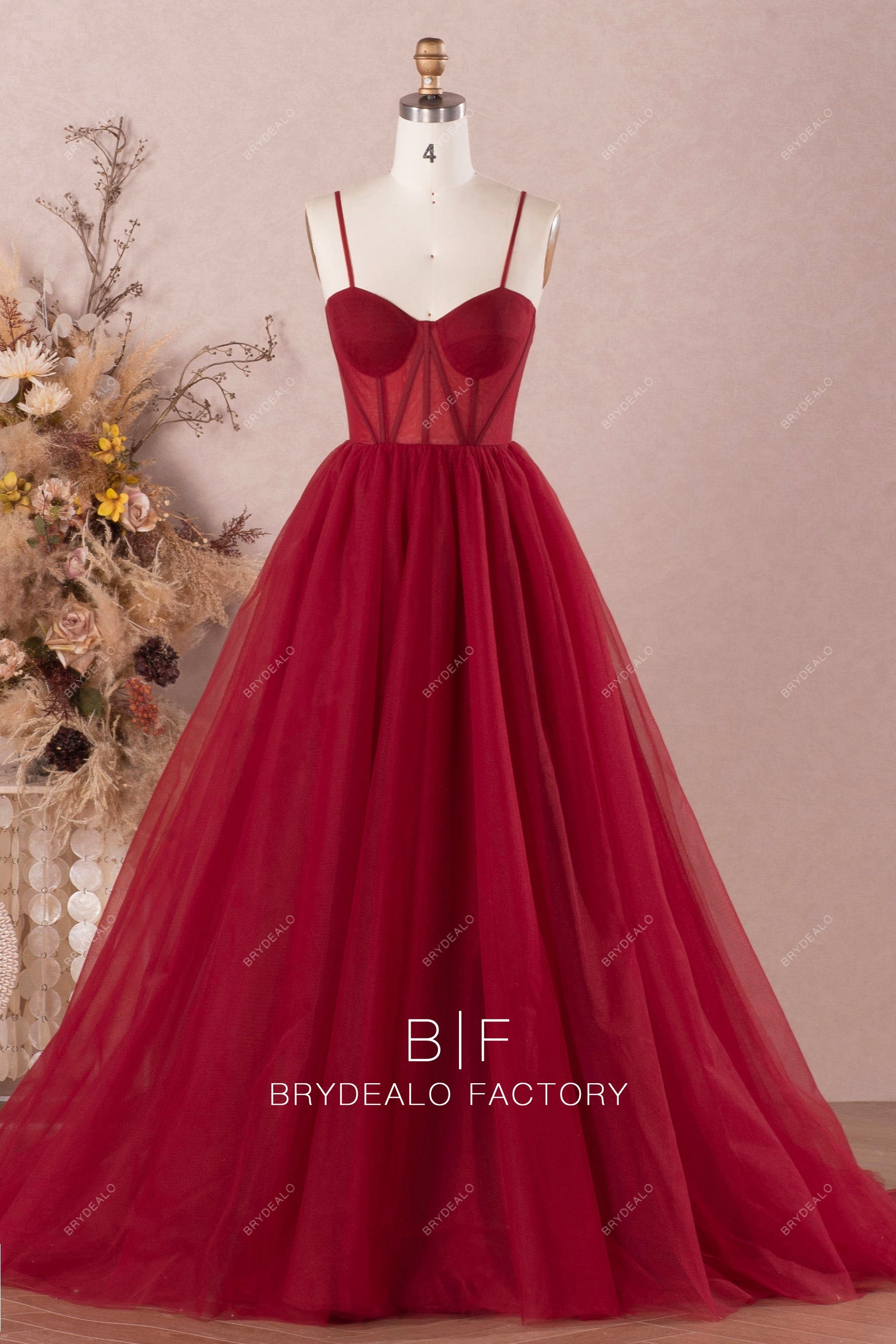 burgundy thin straps corset tulle modern prom ballgown