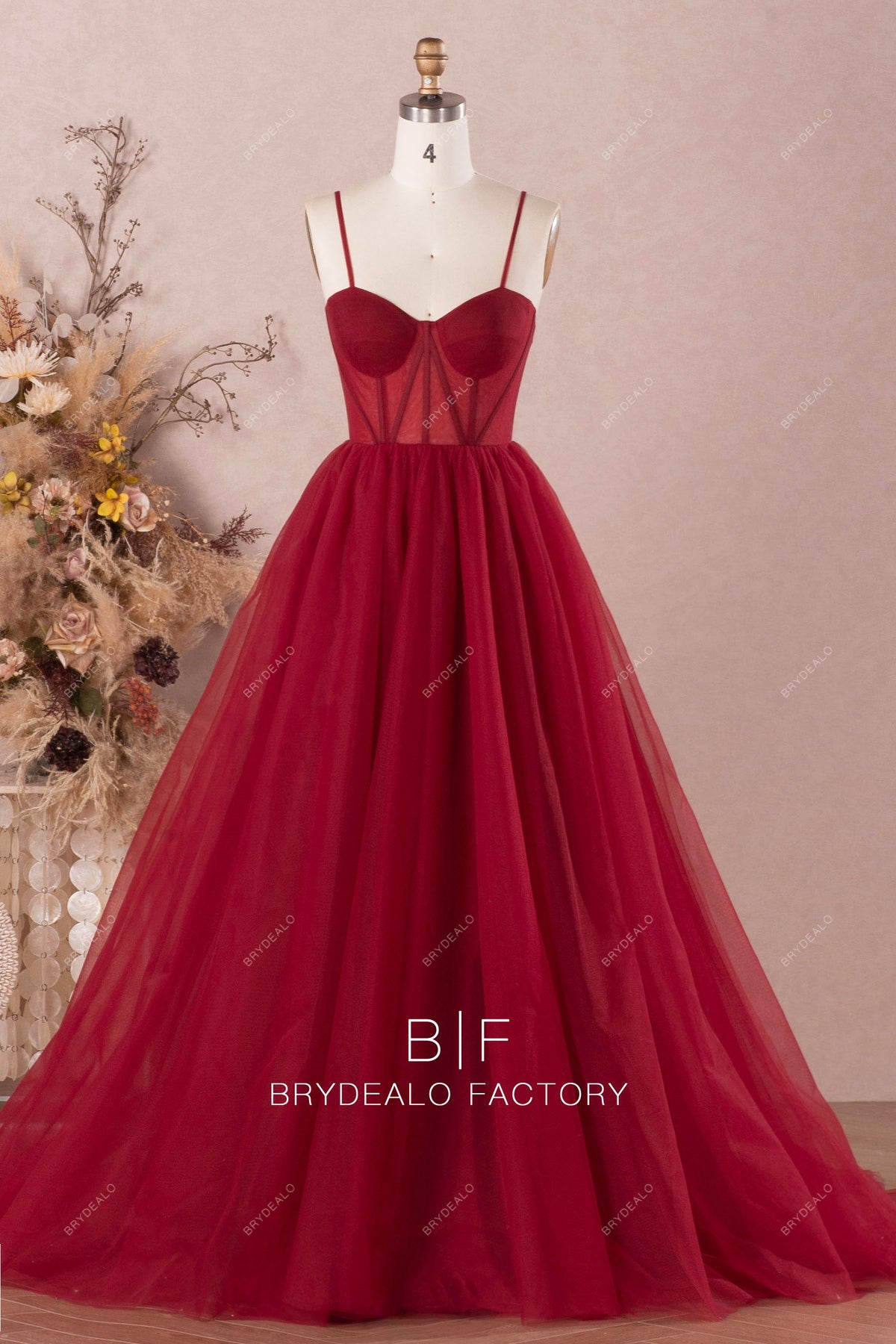 burgundy thin straps corset tulle modern prom ballgown