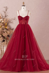 burgundy thin straps corset tulle modern prom ballgown