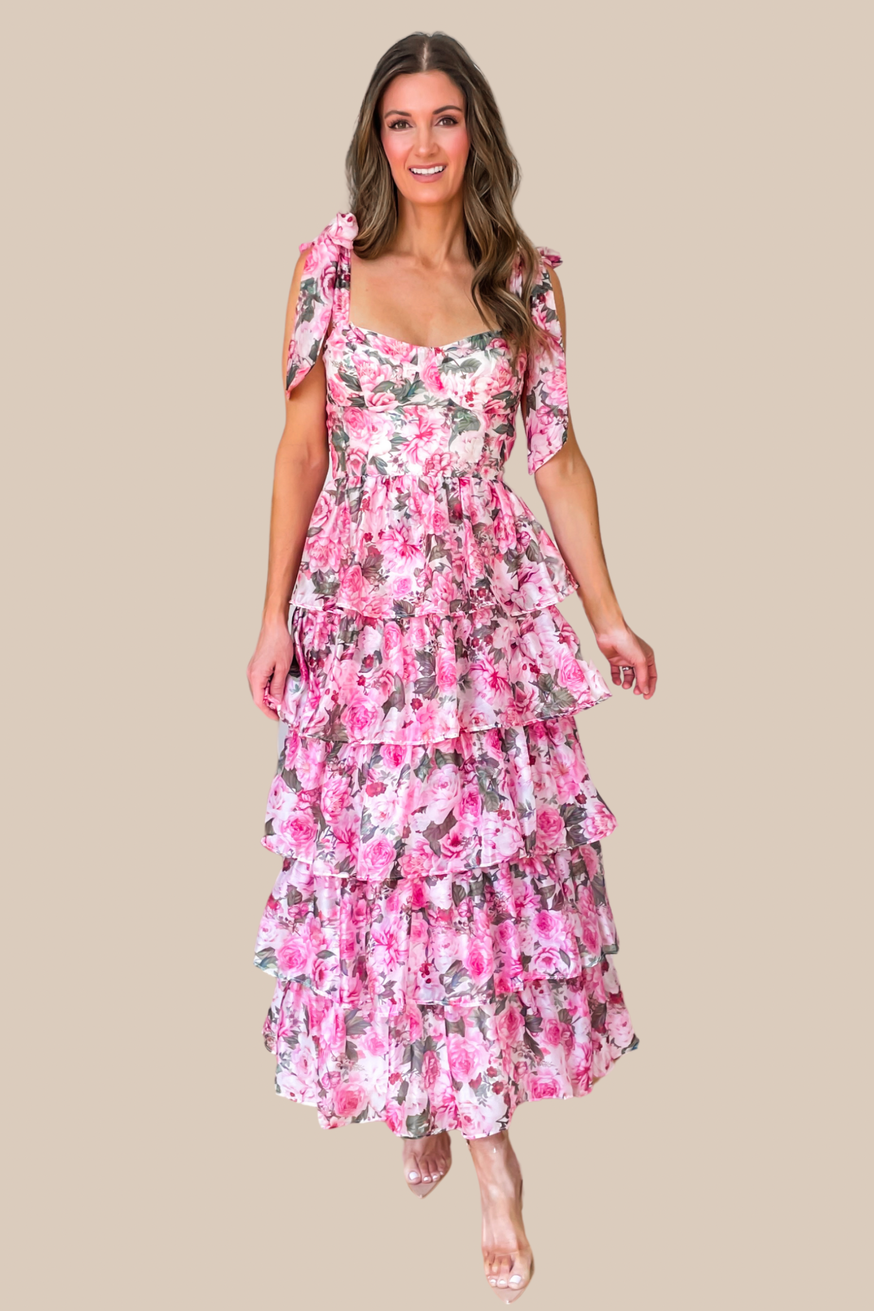 Bella Pink Floral Tiered Ruffle Midi Dress - SALE