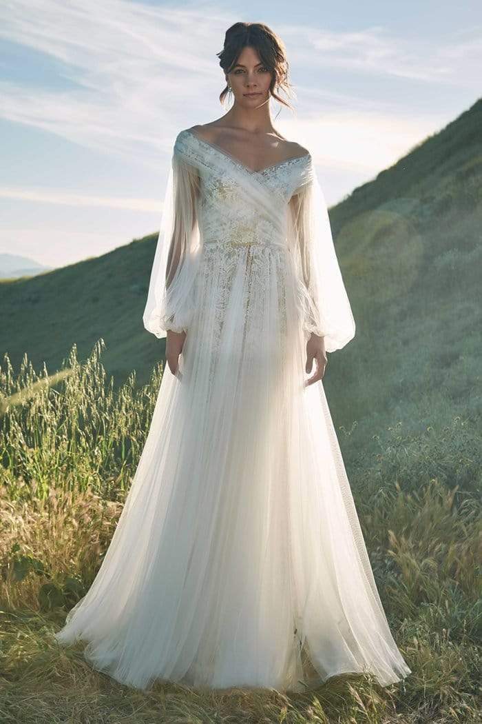 Tadashi Shoji - Off-Shoulder Long Sleeves Bridal Dress Wedding Dresses 0 / Ivory/Nude