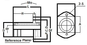 Technical diagram of ✝️ GMT25WUU NB 25mm Two Side Cut Double Wide Flange Motion Linear Bearing, highlighting dimensions and layout.