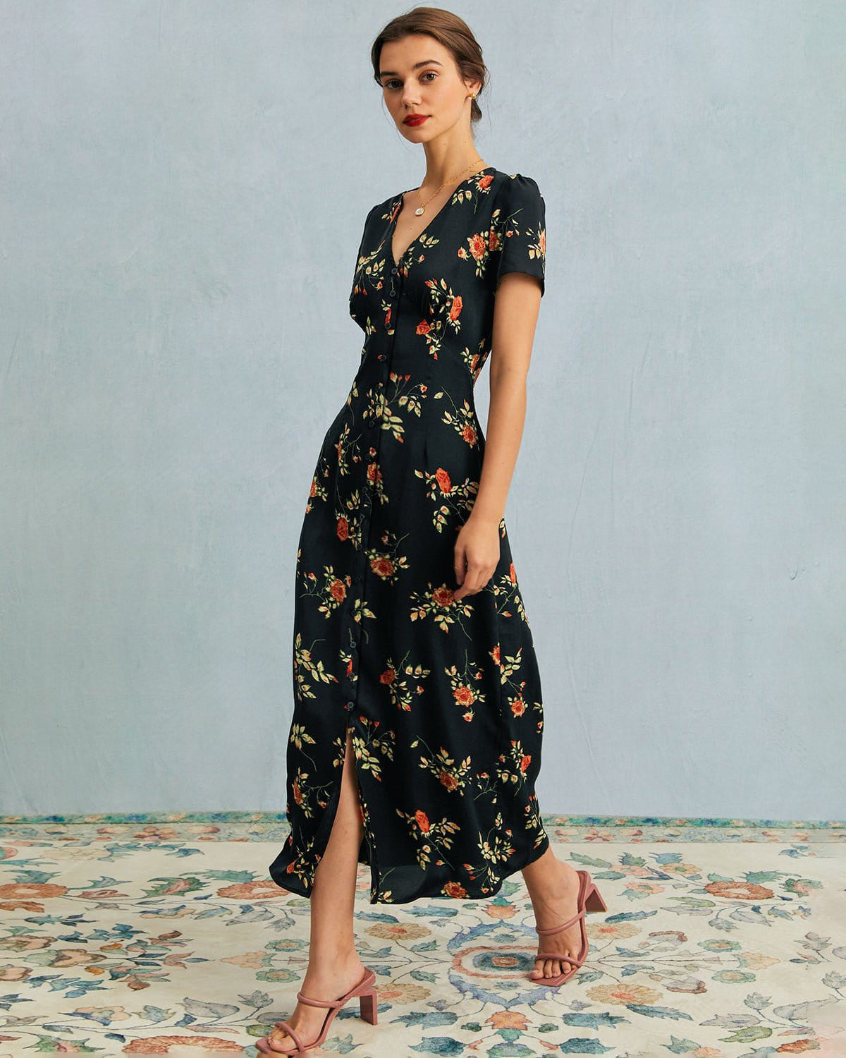 The Black V-Neck Button Detail Floral Maxi Dress Dresses - RIHOAS
