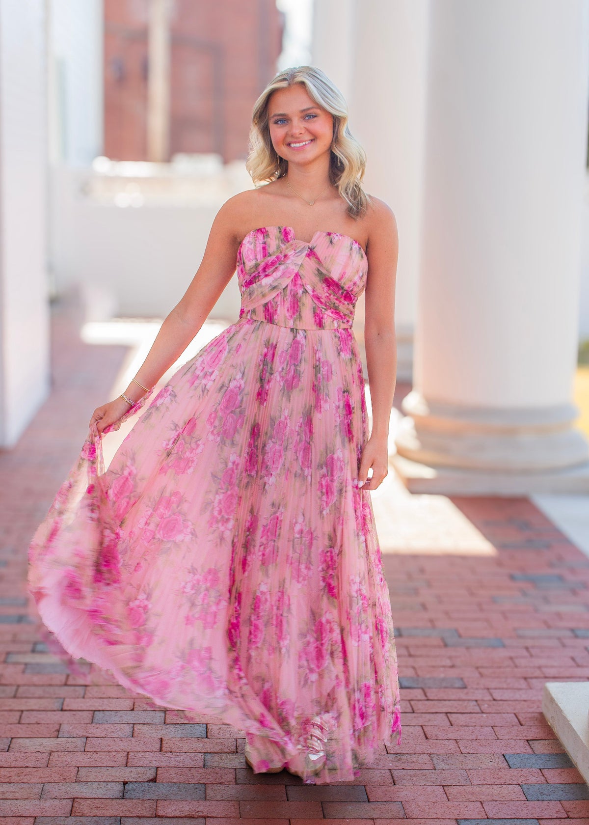 FATE Floral Print Pleated Mesh Maxi Dress in Blush Pink