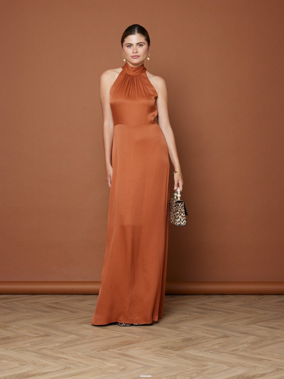 Tilly Satin High Neck Scarf Tie Halter Dress - Burnt Orange NEW - Maids to Measure