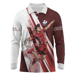 Personalized Metal Bat Volleyball Design Long Sleeve Polo Shirt with Red Athletic Theme and Powerful Action Pose