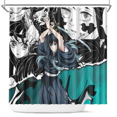 Muichiro Tokito Demon Slayer Mist Hashira Design Shower Curtain with Manga Panels and Teal Sword Art - The Mazicc