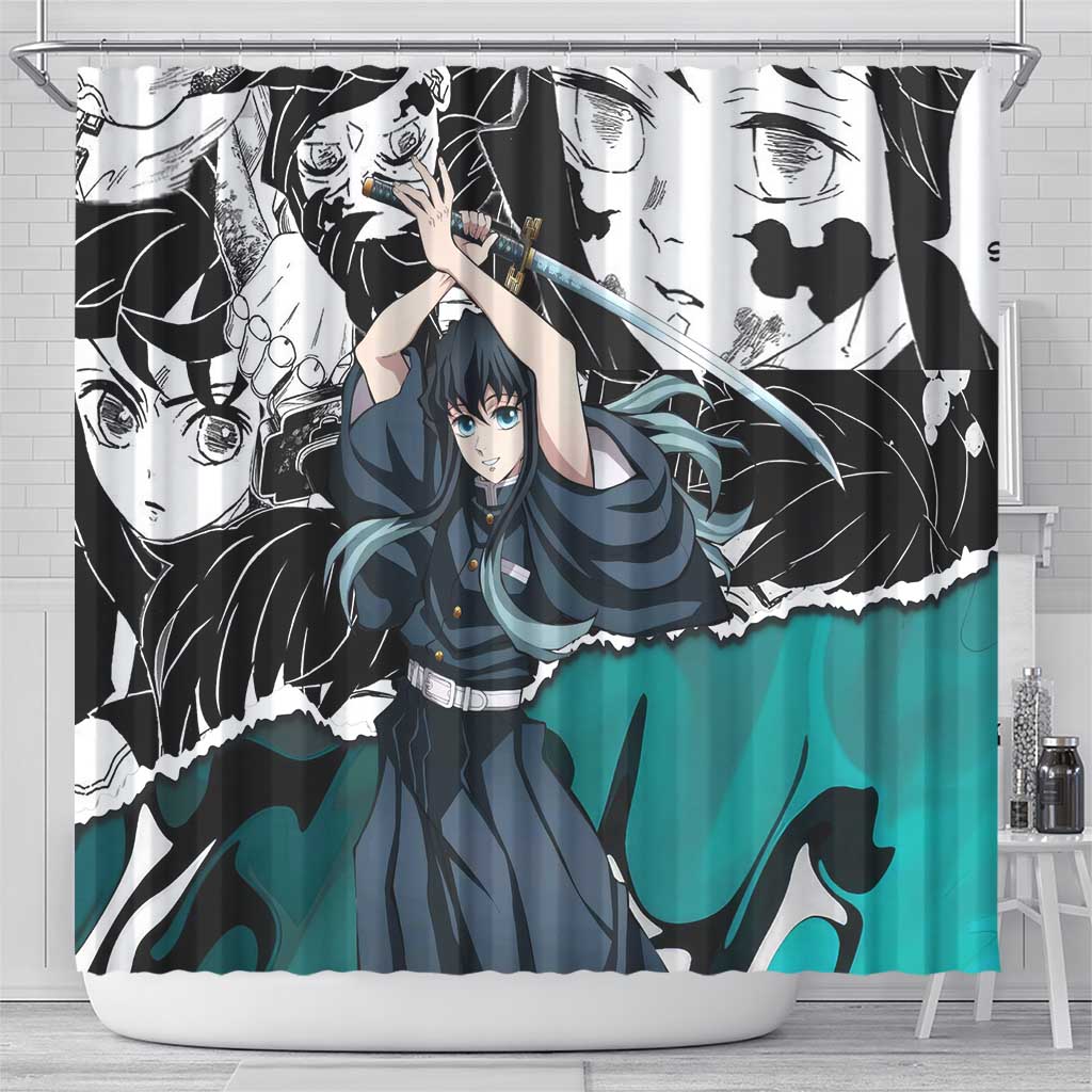 Muichiro Tokito Demon Slayer Mist Hashira Design Shower Curtain with Manga Panels and Teal Sword Art - The Mazicc