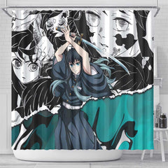 Muichiro Tokito Demon Slayer Mist Hashira Design Shower Curtain with Manga Panels and Teal Sword Art - The Mazicc