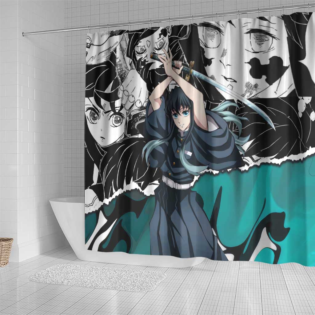 Muichiro Tokito Demon Slayer Mist Hashira Design Shower Curtain with Manga Panels and Teal Sword Art - The Mazicc