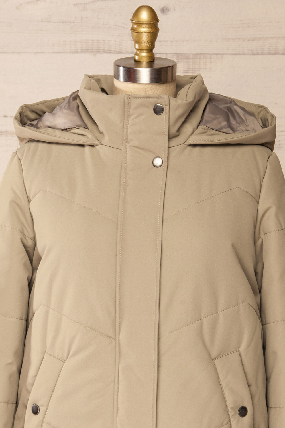 Tuvalu Sage Quilted Coat w/ Side Vents | La petite garçonne front close-up