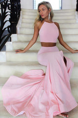 Two Piece High Neck Mermaid Satin Pink Long Prom Dress with Split PG892 - Pgmdress