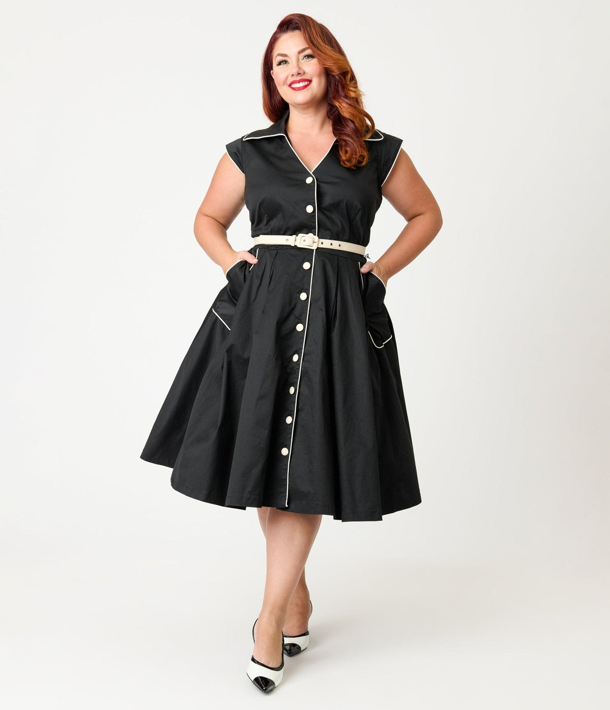 Unique Vintage Plus Size Black & White Cotton Shirt Swing Dress - Unique Vintage - Womens, DRESSES, SWING