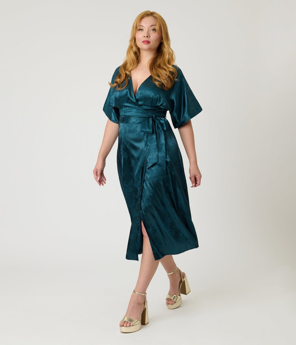 Unique Vintage Teal Floral Brocade Wrap Midi Dress - Unique Vintage - Womens, DRESSES, MIDI