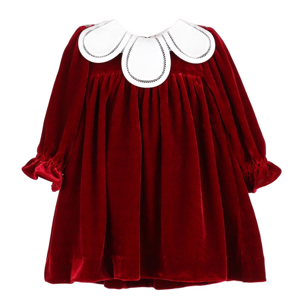 Sophie & Lucas Girls Velvet Christmas Dress with White Petal Collar - Red by Sophie & Lucas