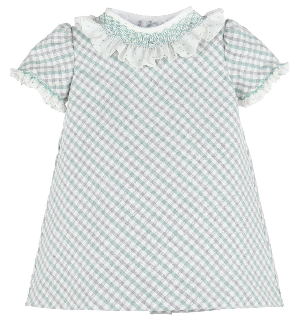 Luli & Me Girls Mint Green & Gray Check A-Line Dress - Smocked Ruffle Collar by Luli & Me