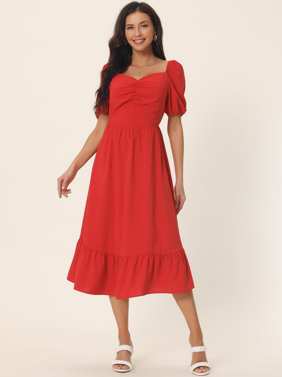 Women's Summer Dresses Casual Flowy Beach Square Neck Puff Short Sleeve Smocked Back Midi Dress with Pockets
