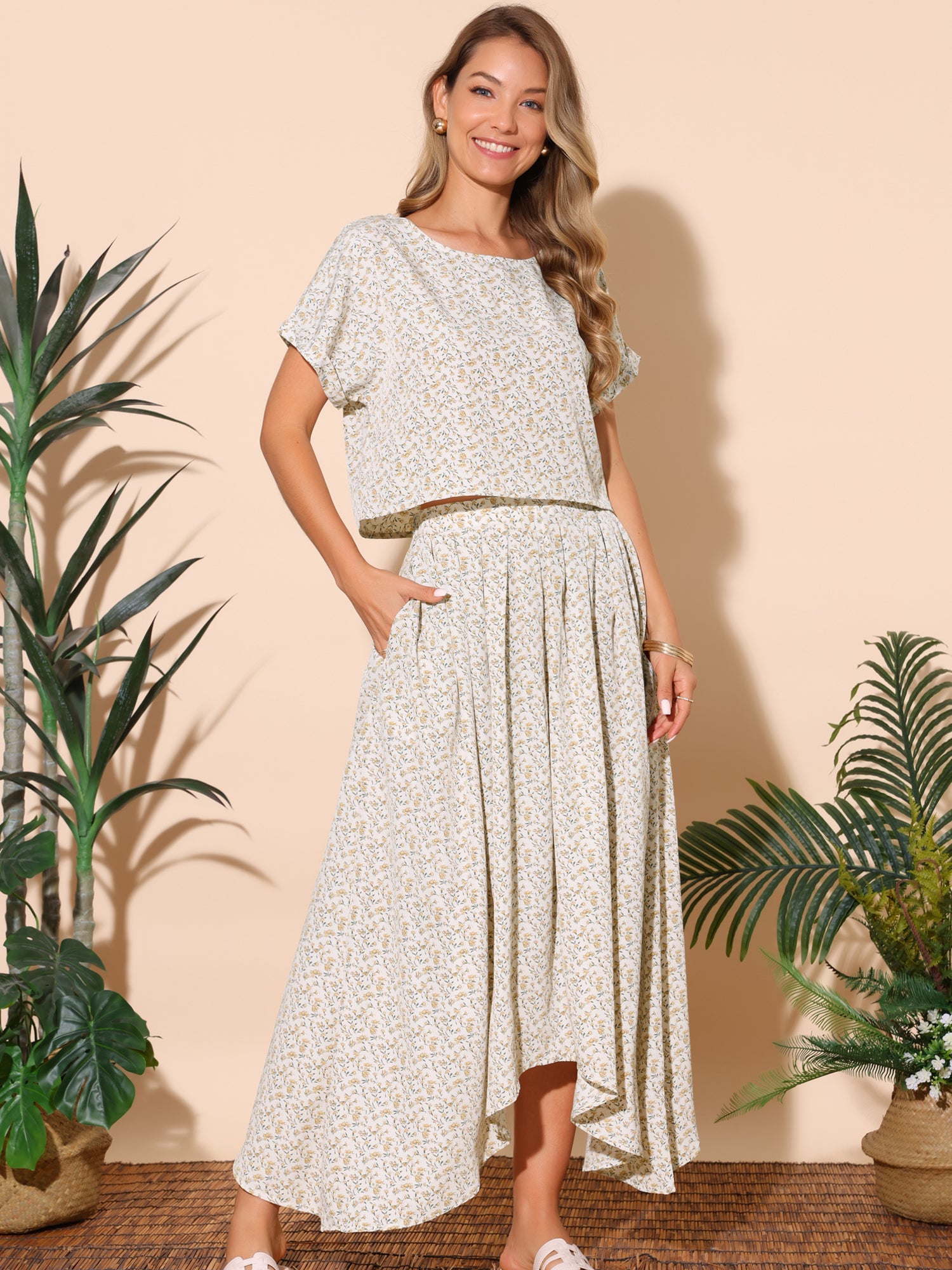 Women's 2 Piece Summer Outfits Casual Floral Crewneck Tops and Pleated Maxi Skirt Sets