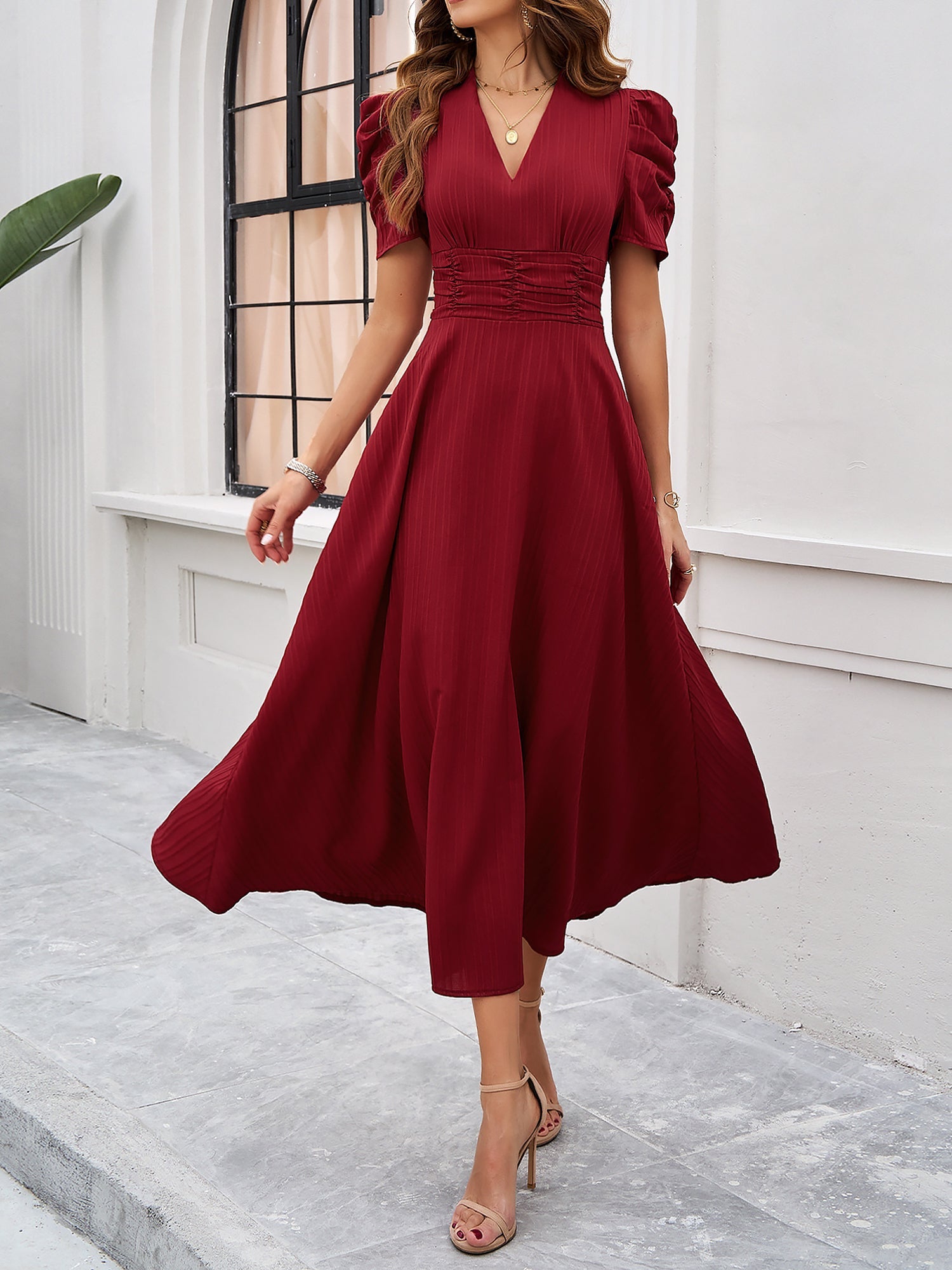Textured Puff Short Sleeve Ruched Midi A-Line Dress Raised Fabric Cinched Waist and Casual-Chic Design