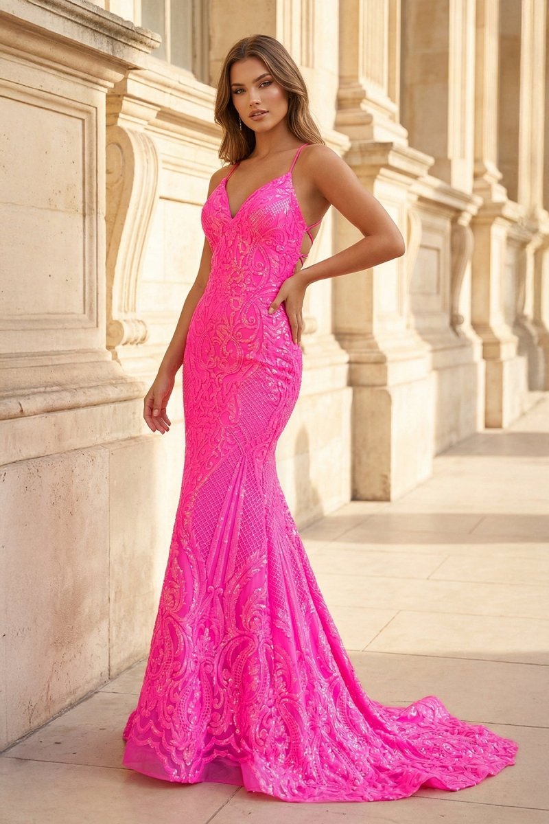 Spaghetti Straps Pink Glitter Backless Mermaid Bodycon Long Prom Dress - KISSPROM PROM DRESSES