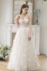 White Lace with Butterflies Long Formal Dress, White Prom Dress