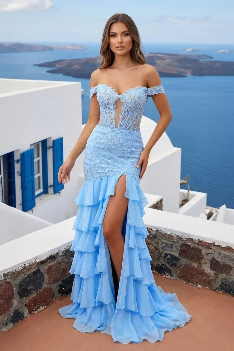 Blue Off The Shoulder Mermaid Chiffon Ruffled Formal Prom Dresses With Appliques – Prom Dress by KissProm | Available at KissProm