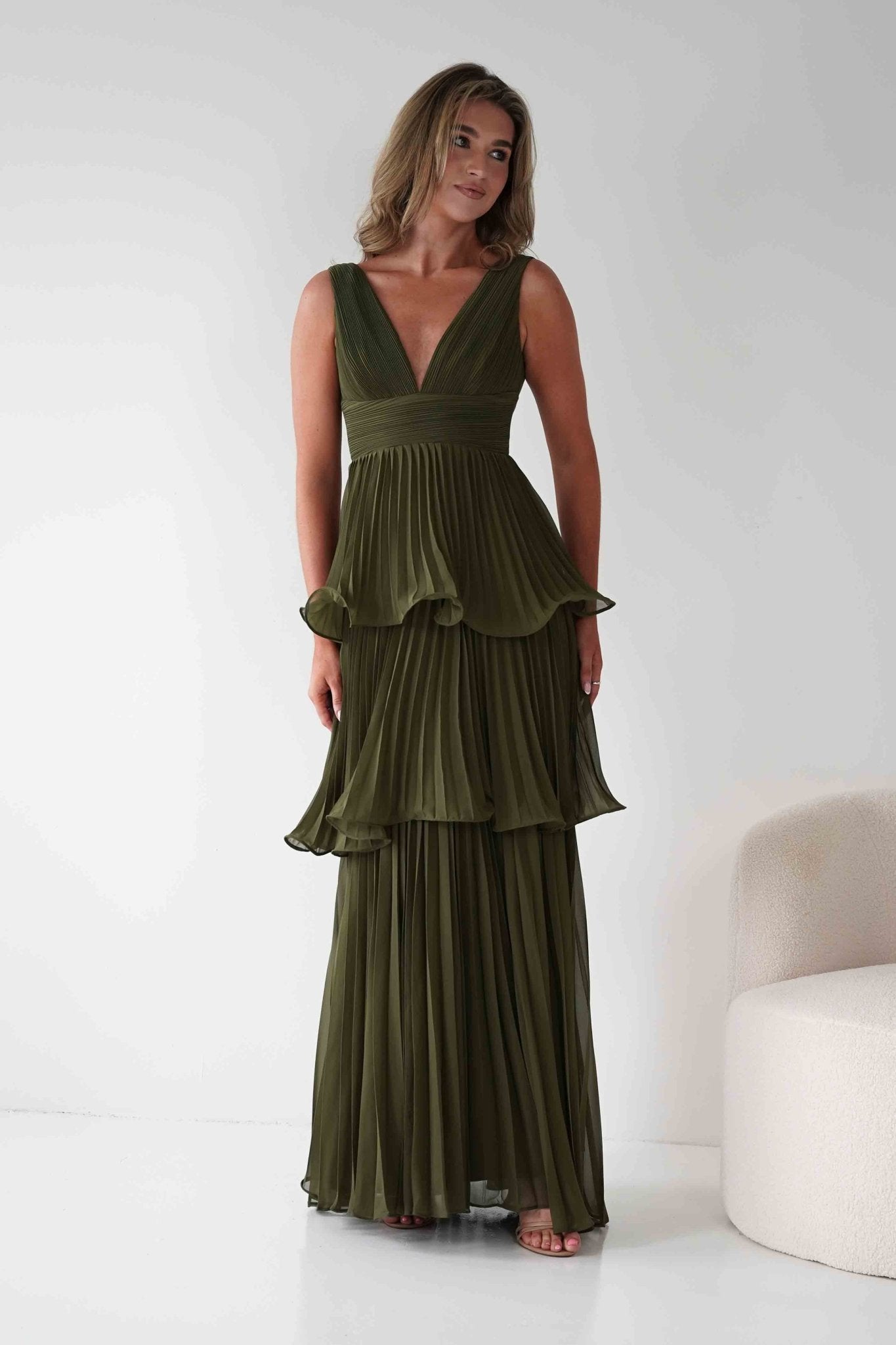Vina Tiered Pleated Layered Maxi Dress Dark Olive | Wedding Guest Dress | Pleated Skirt | Maxi | Oh Hello Clothing