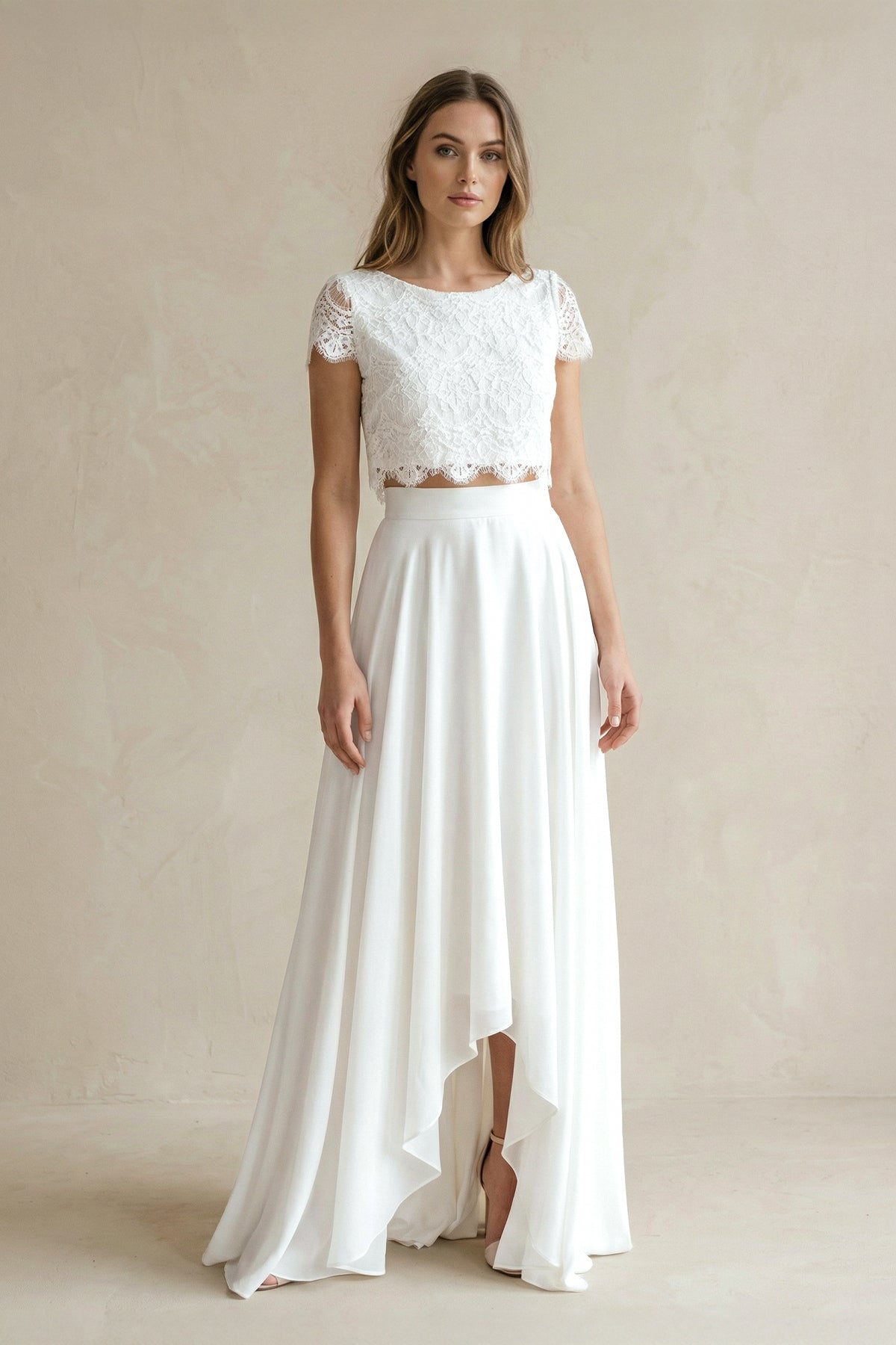 Vintage Boho Two-Piece Bateau Satin and Lace Short Sleeve Wedding Dress with Pleats and Sweep Train -Wedding Dresses by KissProm | Available at KissProm